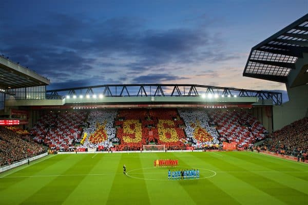 LIVERPOOL, ENGLAND - Wednesday, April 5, 2017: Liverpool supporters stand for a minute's applause to remember the victims of the Hillsborough Stadium Disaster, with the Spion Kop forming a 96 mosaic, before the FA Premier League match at Anfield. (Pic by David Rawcliffe/Propaganda)