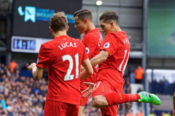 WEST BROMWICH, ENGLAND - Easter Sunday, April 16, 2017, 2016: Liverpool's Roberto Firmino celebrates scoring the first goal against West Bromwich Albion with team-mates Lucas Leiva and Philippe Coutinho Correia during the FA Premier League match at the Hawthorns. (Pic by David Rawcliffe/Propaganda)