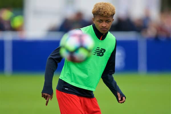 LEICESTER, ENGLAND - Easter Monday, April 17, 2017: Liverpool's substitute Marley Blair warms-up during the Under-23 FA Premier League 2 Division 1 match against Leicester City at Holmes Park. (Pic by David Rawcliffe/Propaganda)