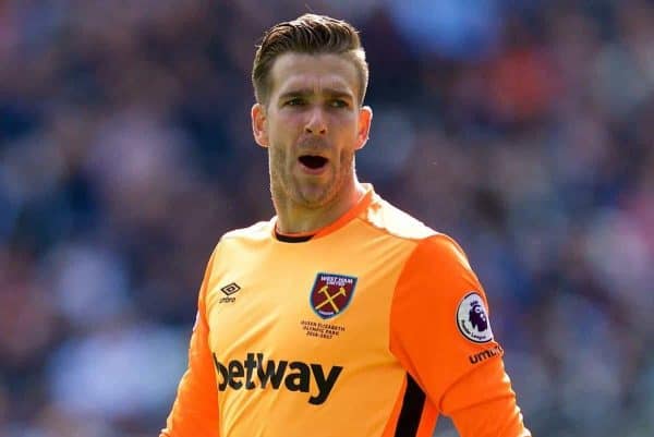 LONDON, ENGLAND - Saturday, April 22, 2017: West Ham United's goalkeeper Adrian San Miguel del Castillo in action against Everton during the FA Premier League match at the London Stadium. (Pic by David Rawcliffe/Propaganda)