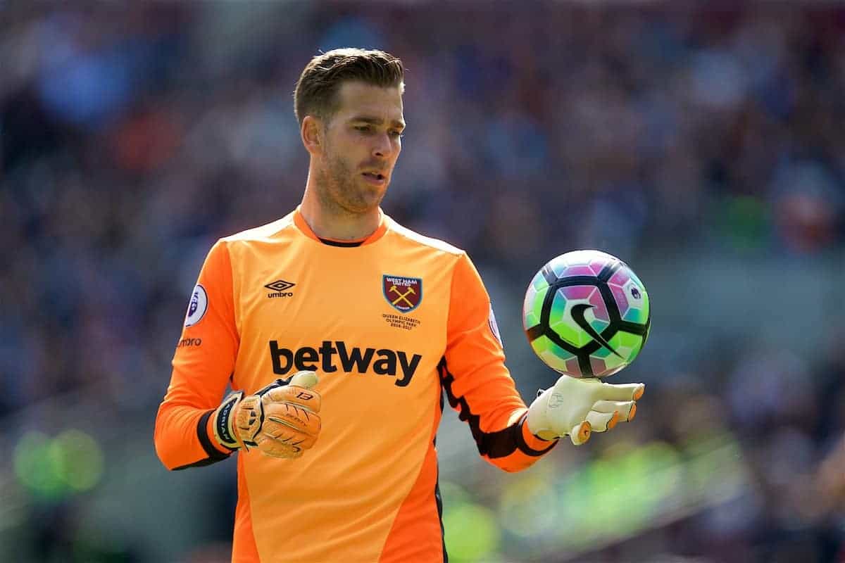 LONDON, ENGLAND - Saturday, April 22, 2017: West Ham United's goalkeeper Adrian San Miguel del Castillo in action against Everton during the FA Premier League match at the London Stadium. (Pic by David Rawcliffe/Propaganda)