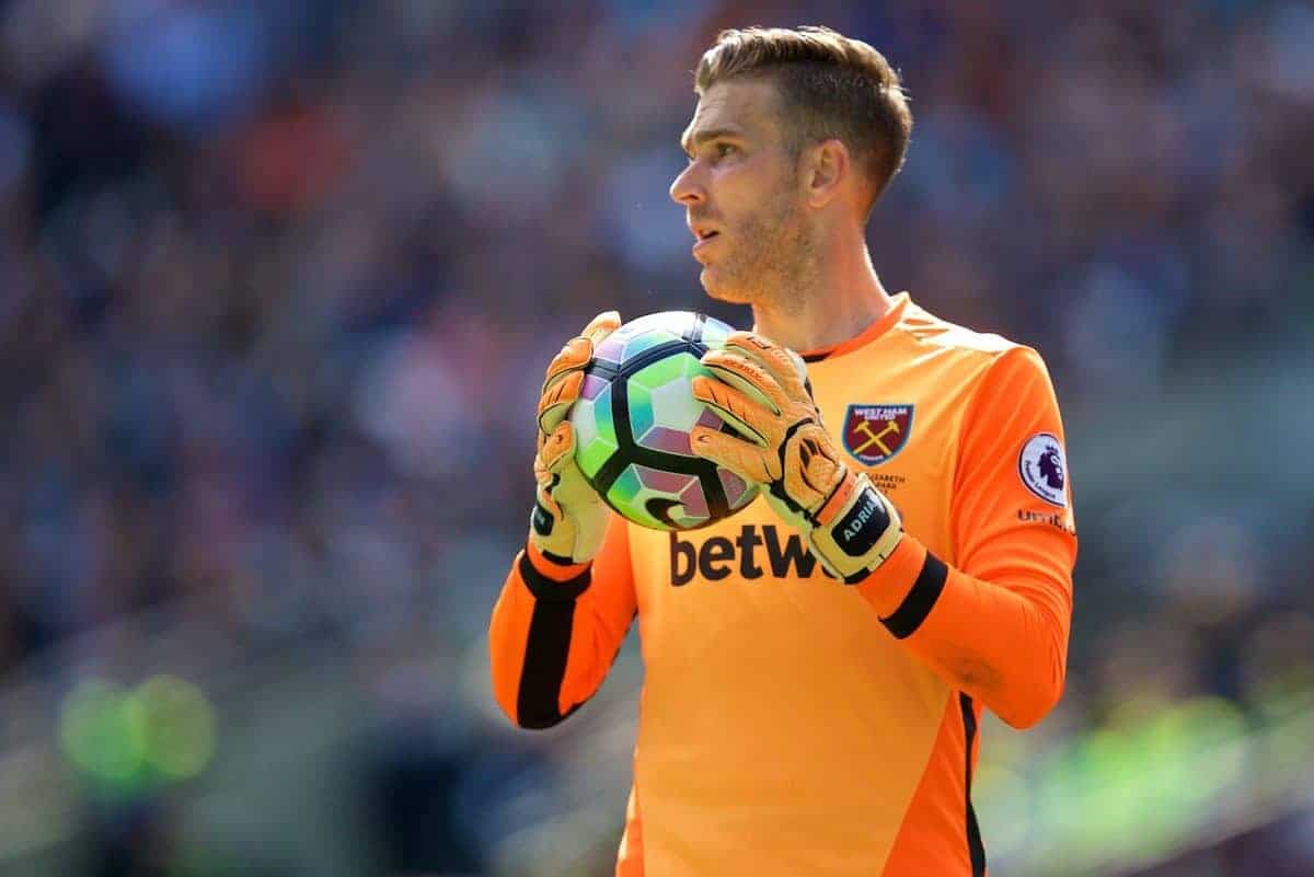 LONDON, ENGLAND - Saturday, April 22, 2017: West Ham United's goalkeeper Adrian San Miguel del Castillo in action against Everton during the FA Premier League match at the London Stadium. (Pic by David Rawcliffe/Propaganda)