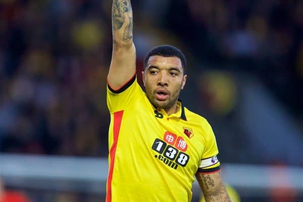 WATFORD, ENGLAND - Monday, May 1, 2017: Watford's captain Troy Deeney in action against Liverpool during the FA Premier League match at Vicarage Road. (Pic by David Rawcliffe/Propaganda)