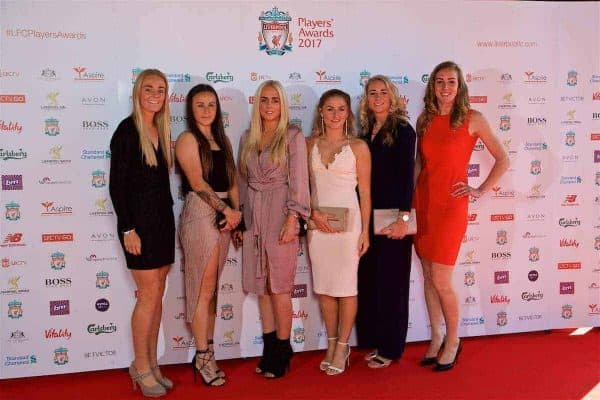 LIVERPOOL, ENGLAND - Tuesday, May 9, 2017: Liverpool's Sophie Ingle, Natasha Harding, Alex. Greenwood, Laura Coombs, Gemma Bonner, Siobhan Chamberlain arrive on the red carpet for the Liverpool FC Players' Awards 2017 at Anfield. (Pic by David Rawcliffe/Propaganda)