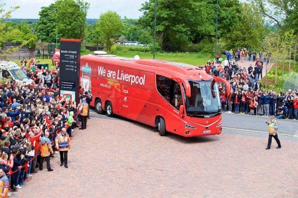 LIVERPOOL, ENGLAND - Sunday, May 21, 2017: The Liverpool team coach arrives at Anfield ahead of the FA Premier League match between Liverpool and Middlesbrough. (Pic by David Rawcliffe/Propaganda)