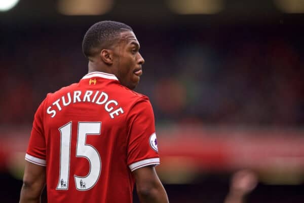 LIVERPOOL, ENGLAND - Sunday, May 21, 2017: Liverpool's Daniel Sturridge in action against Middlesbrough during the FA Premier League match at Anfield. (Pic by David Rawcliffe/Propaganda)