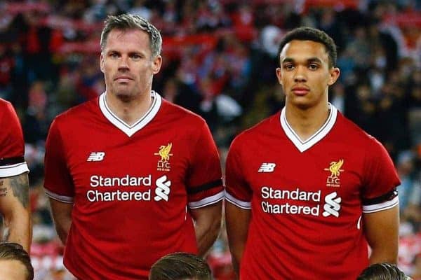 SYDNEY, AUSTRALIA - Wednesday, May 24, 2017: Liverpool's players line up for a team group photograph before a post-season friendly match against Sydney FC at the ANZ Stadium. Back row L-R: goalkeeper Loris Karius, Roberto Firmino, Dejan Lovren, Jamie Carragher, Trent Alexander-Arnold. Front row L-R: Ben Woodburn, Alberto Moreno, Lucas Leiva, Steven Gerrard, Harry Wilson, Daniel Sturridge. (Pic by Jason O'Brien/Propaganda)