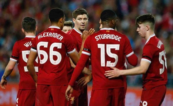  Liverpool's Steven Gerrard i with Trent Alexander-Arnold, Daniel Sturridge and Ben Woodburn during a post-season friendly match against Sydney FC at the ANZ Stadium. (Pic by Jason O'Brien/Propaganda)