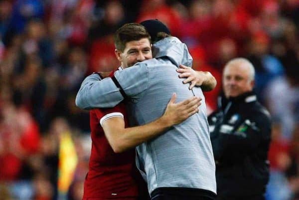  Liverpool's Steven Gerrard is hugged by manager Jürgen Klopp as he is substituted during a post-season friendly match against Sydney FC at the ANZ Stadium. (Pic by Jason O'Brien/Propaganda)