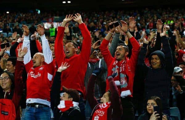 SYDNEY, AUSTRALIA - Wednesday, May 24, 2017: Liverpool supporters sing look on as the Reds take on Sydney FC during a post-season friendly match at the ANZ Stadium. (Pic by Jason O'Brien/Propaganda)