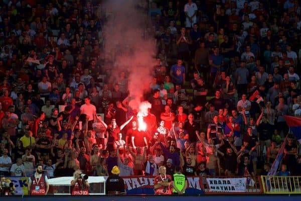 BELGRADE, SERBIA - Sunday, June 11, 2017: Serbia supporter set off a red flare during the 2018 FIFA World Cup Qualifying Group D match between Wales and Serbia at the Red Star Stadium. (Pic by David Rawcliffe/Propaganda)