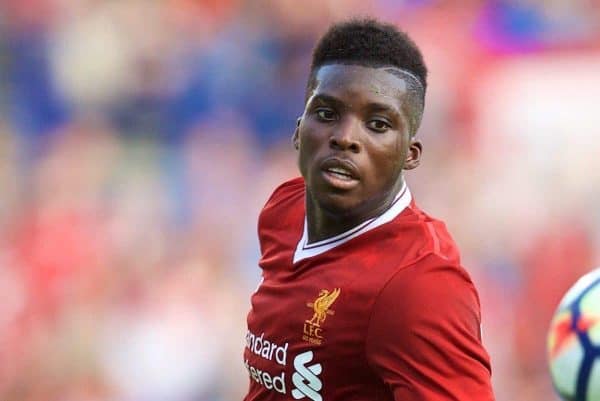 BIRKENHEAD, ENGLAND - Wednesday, July 12, 2017: Liverpool's Sheyi Ojo in action against Tranmere Rovers during a preseason friendly match at Prenton Park. (Pic by David Rawcliffe/Propaganda)