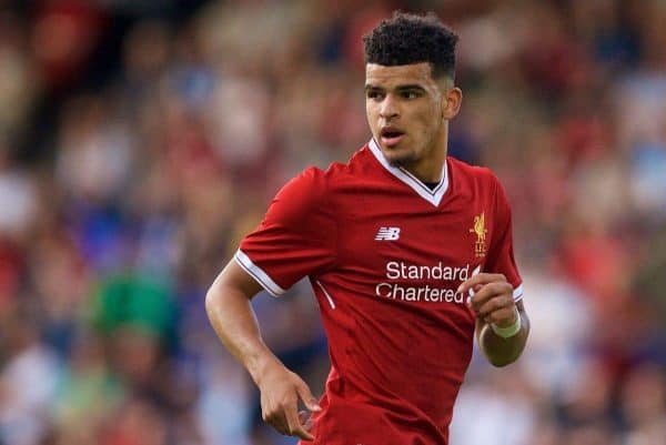 BIRKENHEAD, ENGLAND - Wednesday, July 12, 2017: Liverpool's Dominic Solanke in action against Tranmere Rovers during a preseason friendly match at Prenton Park. (Pic by David Rawcliffe/Propaganda)