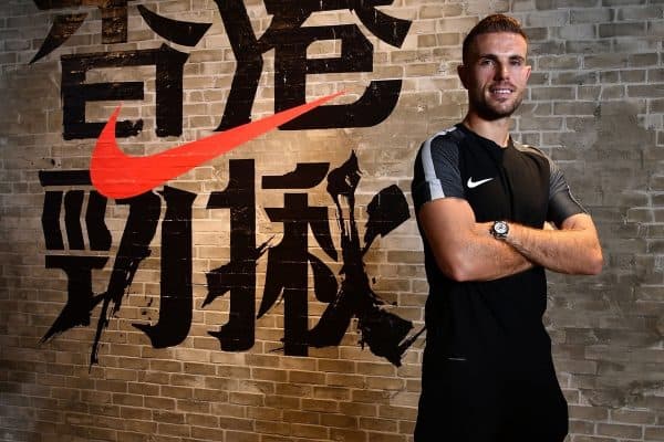 HONG KONG, CHINA - Wednesday, July 19, 2017: Liverpool's captain Jordan Henderson poses for a photo next to the Hong Kong Fight wall at a new Nike store in the Mong Kok district of Hong Hong. (Pic by Pool/Nike/Propaganda)