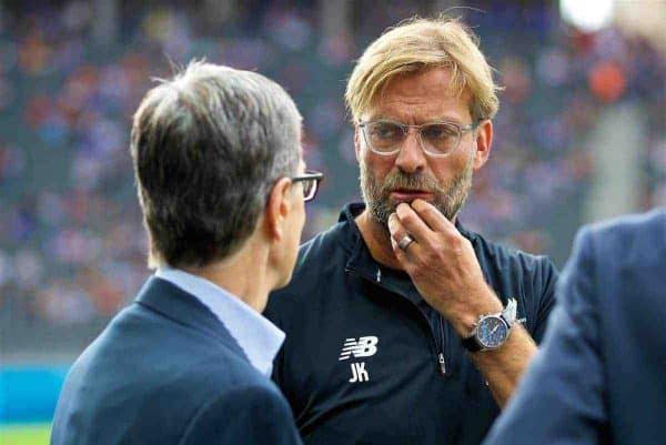 BERLIN, GERMANY - Saturday, July 29, 2017: Liverpool's manager Jürgen Klopp chats with club owner John W. Henry before a preseason friendly match celebrating 125 years of football for Liverpool and Hertha BSC Berlin at the Olympic Stadium. (Pic by David Rawcliffe/Propaganda)