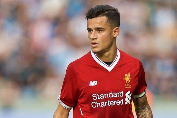 BERLIN, GERMANY - Saturday, July 29, 2017: Liverpool's Philippe Coutinho Correia during a preseason friendly match celebrating 125 years of football for Liverpool and Hertha BSC Berlin at the Olympic Stadium. (Pic by David Rawcliffe/Propaganda)