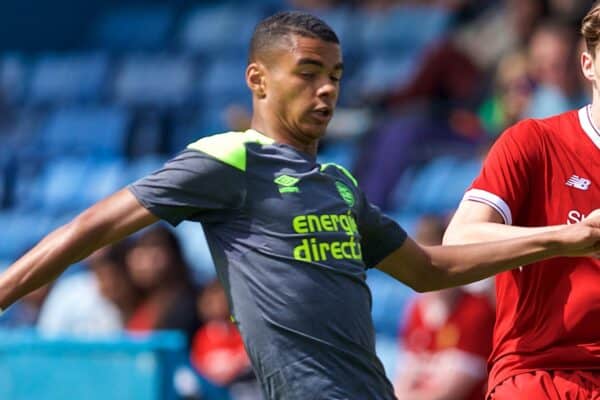 NUNEATON, ENGLAND - Sunday, July 30, 2017: Liverpool's Sam Hart and PSV Eindhoven's Cody Gakpo during a pre-season friendly between Liverpool and PSV Eindhoven at the Liberty Way Stadium. (Pic by Paul Greenwood/Propaganda)