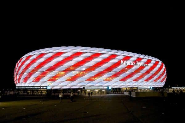 MUNICH, GERMANY - Wednesday, August 2, 2017: An. exterior view of the Allianz Arena in red and white after the Audi Cup 2017 final match between Liverpool FC and Atlético de Madrid's at the Allianz Arena. (Pic by David Rawcliffe/Propaganda)