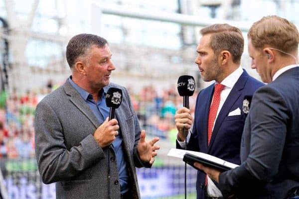 DUBLIN, REPUBLIC OF IRELAND - Saturday, August 5, 2017: Former Liverpool players John Aldridge and Jason McAteer, working for LFC TV, before a preseason friendly match between Athletic Club Bilbao and Liverpool at the Aviva Stadium. (Pic by David Rawcliffe/Propaganda)