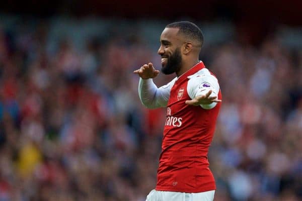 LONDON, ENGLAND - Friday, August 11, 2017: Arsenal's Alexandre Lacazette celebrates scoring the first goal during the FA Premier League match between Arsenal and Leicester City at the Emirates Stadium. (Pic by David Rawcliffe/Propaganda)