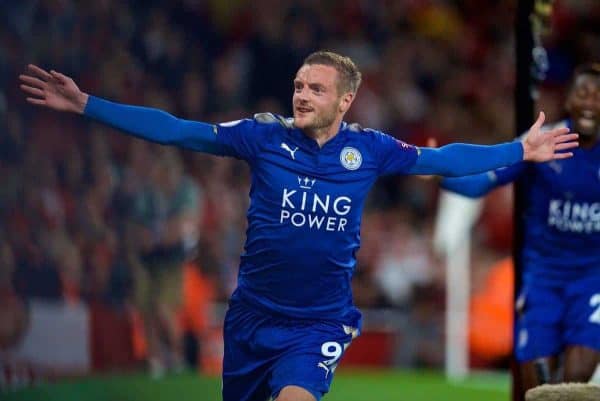 LONDON, ENGLAND - Friday, August 11, 2017: Leicester City's Jamie Vardy celebrates scoring the third goal during the FA Premier League match between Arsenal and Leicester City at the Emirates Stadium. (Pic by David Rawcliffe/Propaganda)