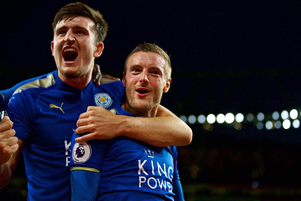 LONDON, ENGLAND - Friday, August 11, 2017: Leicester City's Jamie Vardy celebrates scoring the third goal during the FA Premier League match between Arsenal and Leicester City at the Emirates Stadium. (Pic by David Rawcliffe/Propaganda)