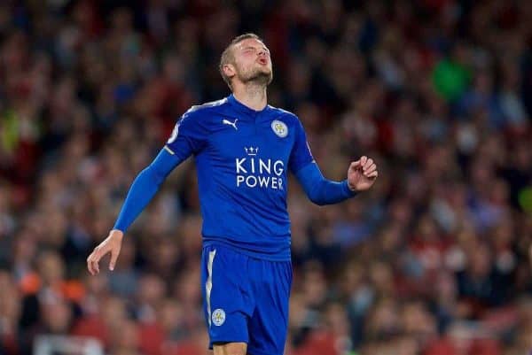 LONDON, ENGLAND - Friday, August 11, 2017: Leicester City's Jamie Vardy looks dejected as Arsenal score the winning fouth goal to seal a 4-3 victory during the FA Premier League match between Arsenal and Leicester City at the Emirates Stadium. (Pic by David Rawcliffe/Propaganda)