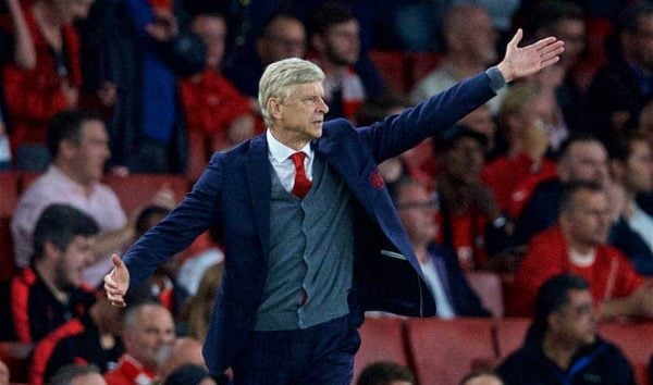 LONDON, ENGLAND - Friday, August 11, 2017: Arsenal's manager Arsene Wenger reacts during the FA Premier League match between Arsenal and Leicester City at the Emirates Stadium. (Pic by David Rawcliffe/Propaganda)