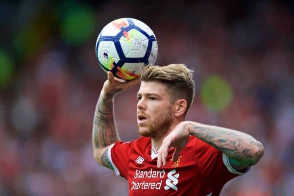 WATFORD, ENGLAND - Saturday, August 12, 2017: Liverpool's Alberto Moreno takes a throw-in during the FA Premier League match between Watford and Liverpool at Vicarage Road. (Pic by David Rawcliffe/Propaganda)