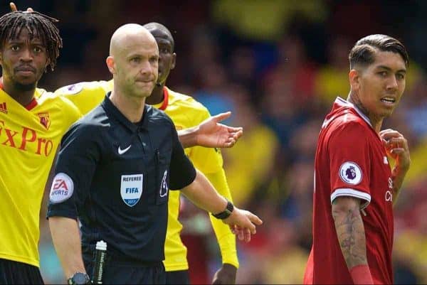 WATFORD, ENGLAND - Saturday, August 12, 2017: Referee Anthony Taylor points to the spot to award Liverpool a penalty as Watford's Nathaniel Chalobah protests during the FA Premier League match between Watford and Liverpool at Vicarage Road. (Pic by David Rawcliffe/Propaganda)