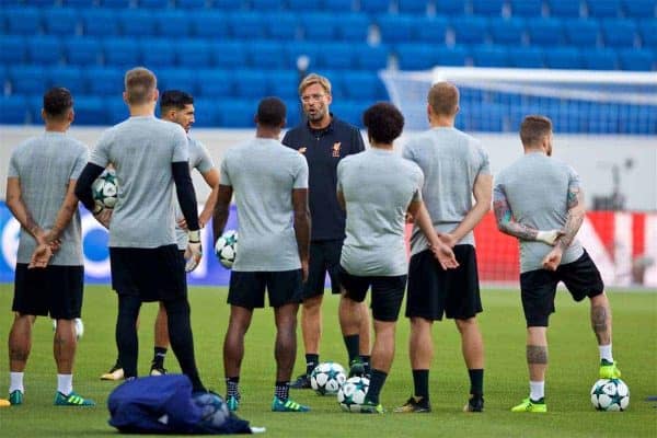 SINSHEIM, GERMANY - Monday, August 14, 2017: Liverpool's manager Jürgen Klopp during a training session ahead of the UEFA Champions League Play-Off 1st Leg match against TSG 1899 Hoffenheim at the Rhein-Neckar-Arena. (Pic by David Rawcliffe/Propaganda)