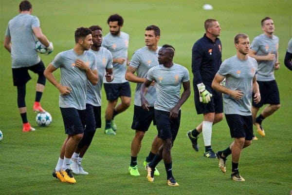 SINSHEIM, GERMANY - Monday, August 14, 2017: Liverpool's Marko Grujic, Divock Origi, Dejan Lovren and Sadio Mane during a training session ahead of the UEFA Champions League Play-Off 1st Leg match against TSG 1899 Hoffenheim at the Rhein-Neckar-Arena. (Pic by David Rawcliffe/Propaganda)