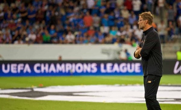 SINSHEIM, GERMANY - Tuesday, August 15, 2017: Liverpool's manager J¸rgen Klopp before the UEFA Champions League Play-Off 1st Leg match between TSG 1899 Hoffenheim and Liverpool at the Rhein-Neckar-Arena. (Pic by David Rawcliffe/Propaganda)