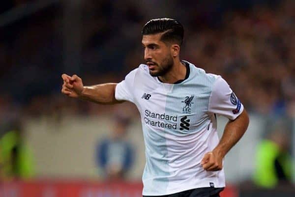 SINSHEIM, GERMANY - Tuesday, August 15, 2017: Liverpool's Emre Can during the UEFA Champions League Play-Off 1st Leg match between TSG 1899 Hoffenheim and Liverpool at the Rhein-Neckar-Arena. (Pic by David Rawcliffe/Propaganda)