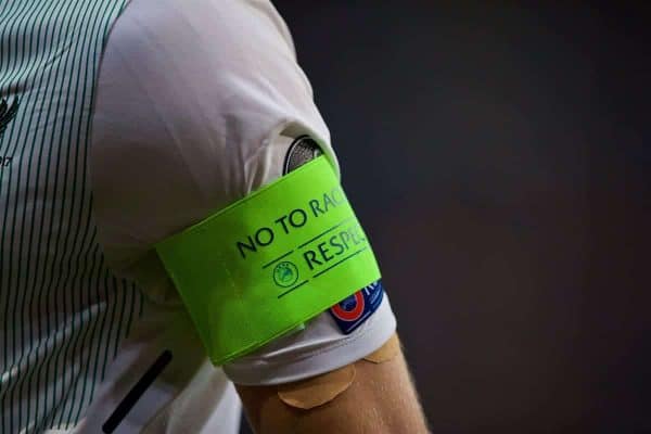 SINSHEIM, GERMANY - Tuesday, August 15, 2017: The captain's armband of Liverpool's James Milner with "No to racism" and "respect" during the UEFA Champions League Play-Off 1st Leg match between TSG 1899 Hoffenheim and Liverpool at the Rhein-Neckar-Arena. (Pic by David Rawcliffe/Propaganda)