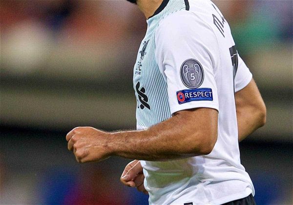 SINSHEIM, GERMANY - Tuesday, August 15, 2017: Liverpool's Mohamed Salah wearing a badge showing the club's five European Cup triumphs during the UEFA Champions League Play-Off 1st Leg match between TSG 1899 Hoffenheim and Liverpool at the Rhein-Neckar-Arena. (Pic by David Rawcliffe/Propaganda)