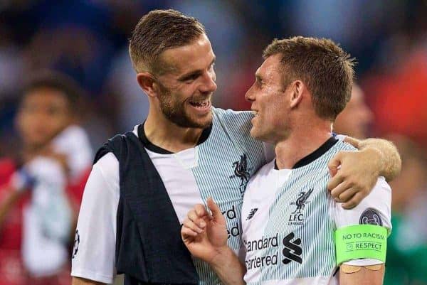 SINSHEIM, GERMANY - Tuesday, August 15, 2017: Liverpool's goal-scorer James Milner and captain Jordan Henderson after beating TSG 1899 Hoffenheim 2-1 during the UEFA Champions League Play-Off 1st Leg match between TSG 1899 Hoffenheim and Liverpool at the Rhein-Neckar-Arena. (Pic by David Rawcliffe/Propaganda)