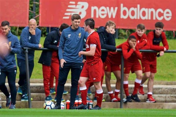 KIRKBY, ENGLAND - Saturday, August 19, 2017: Liverpool's Under-18 manager Steven Gerrard speaks with captain Liam Coyle during an Under-18 FA Premier League match between Liverpool and Blackburn Rovers at the Kirkby Academy. (Pic by David Rawcliffe/Propaganda)