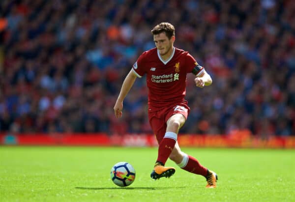 LIVERPOOL, ENGLAND - Saturday, August 19, 2017: Liverpool's Andy Robertson during the FA Premier League match between Liverpool and Crystal Palace at Anfield. (Pic by David Rawcliffe/Propaganda)