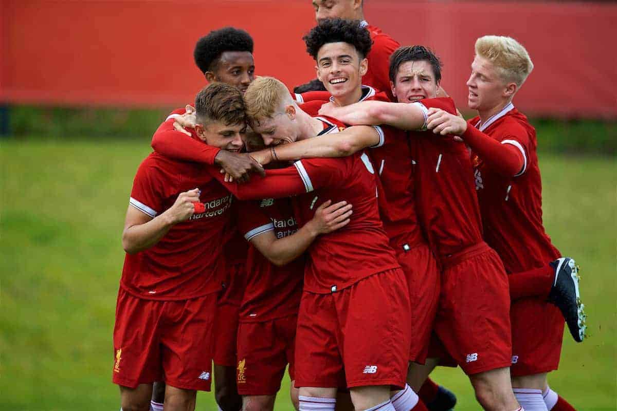 KIRKBY, ENGLAND - Saturday, August 19, 2017: Liverpool's Edvard Sandvik Tagseth celebrates scoring the first goal with team-mates during an Under-18 FA Premier League match between Liverpool and Blackburn Rovers at the Kirkby Academy. (Pic by David Rawcliffe/Propaganda)