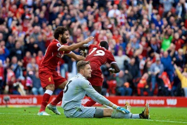 LIVERPOOL, ENGLAND - Saturday, August 19, 2017: Crystal Palace's goalkeeper Wayne Hennessey looks dejected as Liverpool's Sadio Mane celebrates scoring the winning goal during the FA Premier League match between Liverpool and Crystal Palace at Anfield. (Pic by David Rawcliffe/Propaganda)