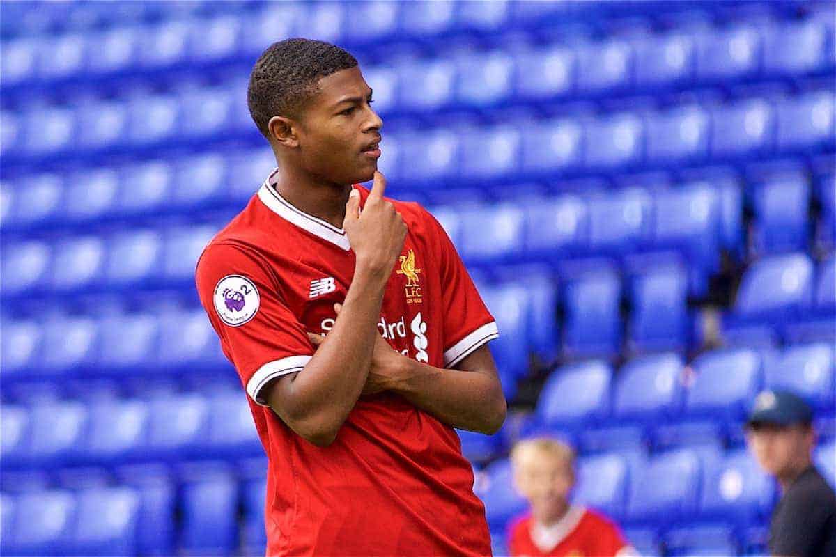 BIRKENHEAD, ENGLAND - Sunday, August 20, 2017: Liverpool's Rhian Brewster celebrates scoring the second goal during the Under-23 FA Premier League 2 Division 1 match between Liverpool and Sunderland at Prenton Park. (Pic by David Rawcliffe/Propaganda)