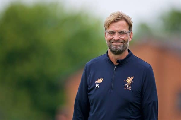 LIVERPOOL, ENGLAND - Tuesday, August 22, 2017: Liverpool's manager Jürgen Klopp during a training session at Melwood Training Ground ahead of the UEFA Champions League Play-Off 2nd Leg match against TSG 1899 Hoffenheim. (Pic by David Rawcliffe/Propaganda)