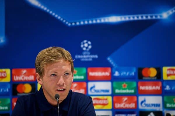 LIVERPOOL, ENGLAND - Tuesday, August 22, 2017: TSG 1899 Hoffenheim's head coach Julian Nagelsmann during a press conference at Anfield ahead of the UEFA Champions League Play-Off 2nd Leg match against Liverpool. (Pic by David Rawcliffe/Propaganda)