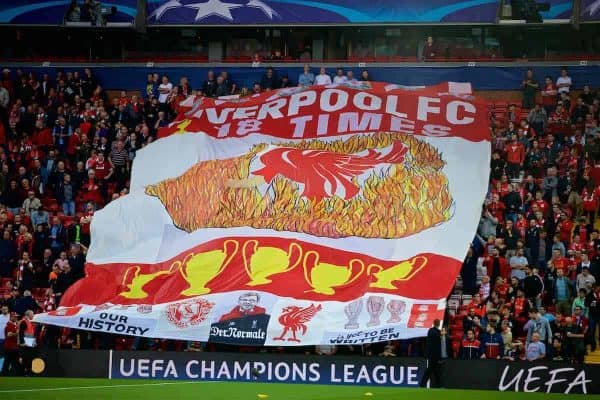 LIVERPOOL, ENGLAND - Wednesday, August 23, 2017: A huge Liverpool banner is passed along by supporters in the Centenary Stand before the UEFA Champions League Play-Off 2nd Leg match between Liverpool and TSG 1899 Hoffenheim at Anfield. (Pic by David Rawcliffe/Propaganda)