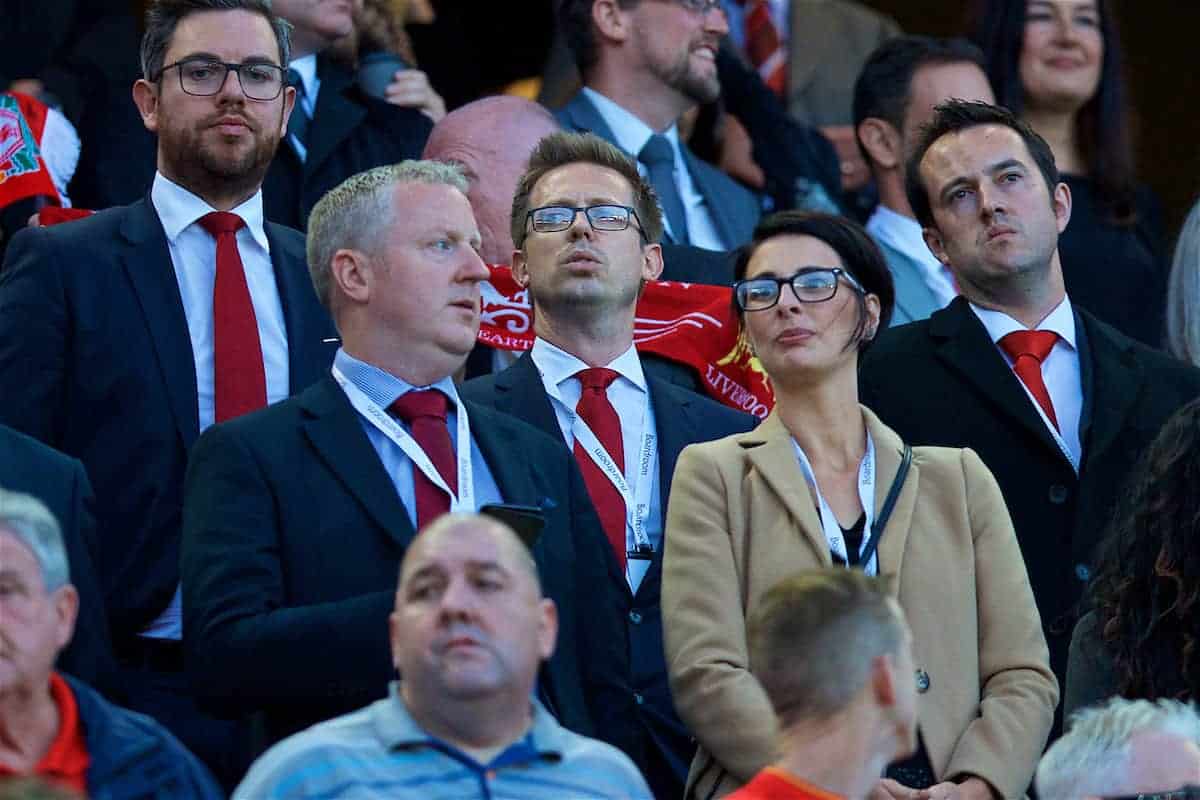 LIVERPOOL, ENGLAND - Wednesday, August 23, 2017: Liverpool's Director of Football Michael Edwards during the UEFA Champions League Play-Off 2nd Leg match between Liverpool and TSG 1899 Hoffenheim at Anfield. (Pic by David Rawcliffe/Propaganda)