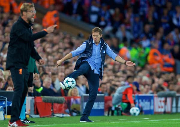 LIVERPOOL, ENGLAND - Wednesday, August 23, 2017: TSG 1899 Hoffenheim's head coach Julian Nagelsmann with the ball during the UEFA Champions League Play-Off 2nd Leg match between Liverpool and TSG 1899 Hoffenheim at Anfield. (Pic by David Rawcliffe/Propaganda)