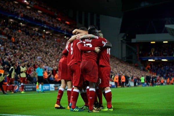 LIVERPOOL, ENGLAND - Wednesday, August 23, 2017: Liverpool's Roberto Firmino celebrates scoring the fourth goal with team-mates during the UEFA Champions League Play-Off 2nd Leg match between Liverpool and TSG 1899 Hoffenheim at Anfield. (Pic by David Rawcliffe/Propaganda)