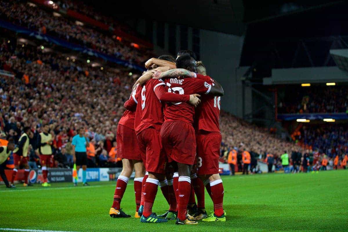 LIVERPOOL, ENGLAND - Wednesday, August 23, 2017: Liverpool's Roberto Firmino celebrates scoring the fourth goal with team-mates during the UEFA Champions League Play-Off 2nd Leg match between Liverpool and TSG 1899 Hoffenheim at Anfield. (Pic by David Rawcliffe/Propaganda)