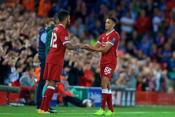 LIVERPOOL, ENGLAND - Wednesday, August 23, 2017: Liverpool's Trent Alexander-Arnold is replaced by substitute Joe Gomez during the UEFA Champions League Play-Off 2nd Leg match between Liverpool and TSG 1899 Hoffenheim at Anfield. (Pic by David Rawcliffe/Propaganda)